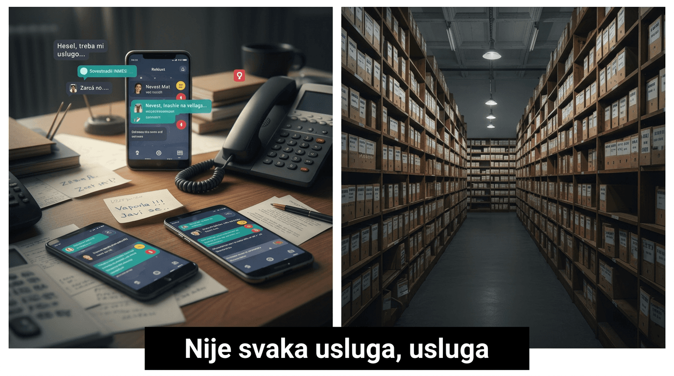 Telefon sa porukama koje traže uslugu i arhiva stečajne dokumentacije, ilustracija za tekst "Nije svaka usluga, usluga" o pritisku da se potpiše neistinita potvrda