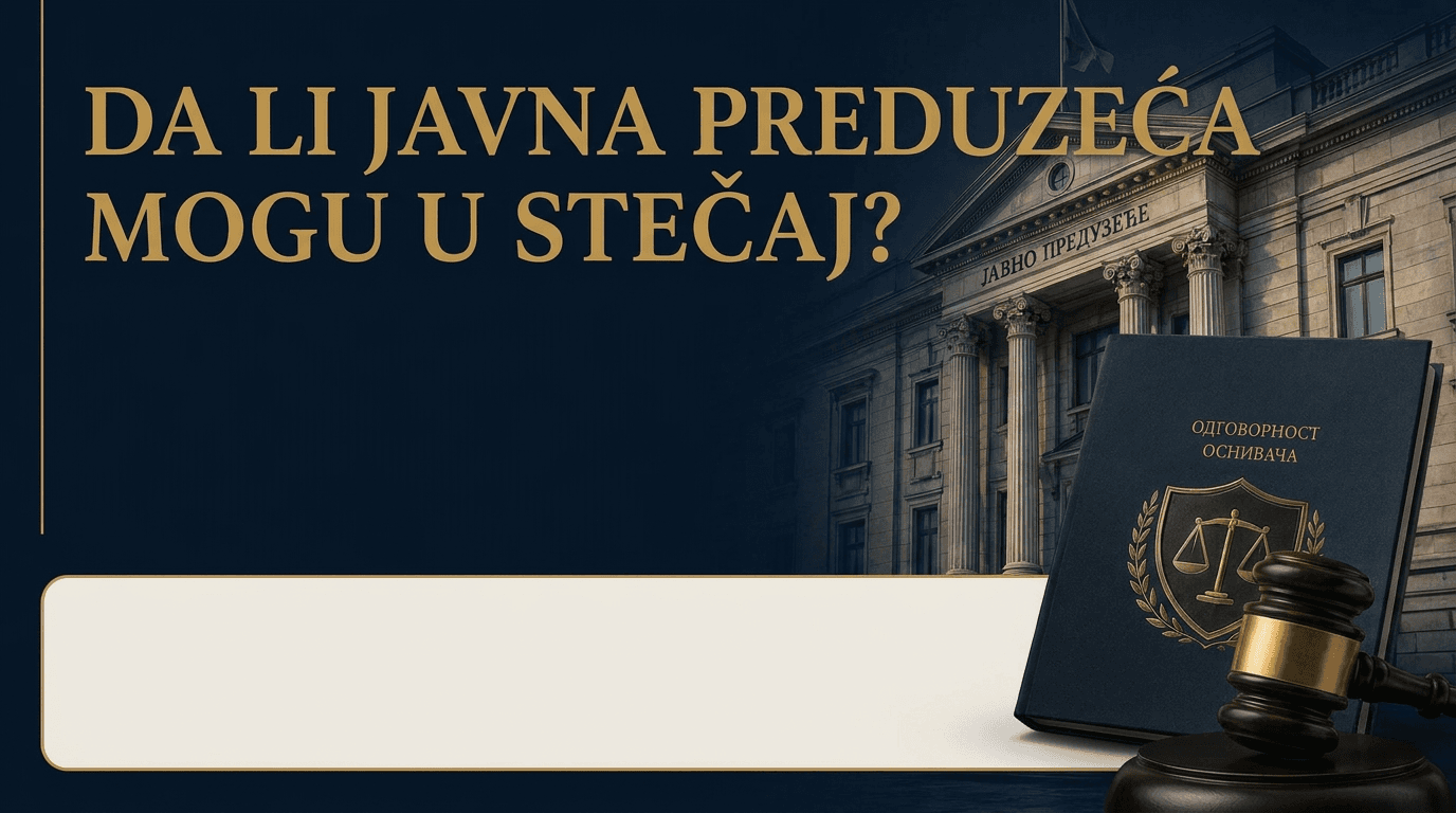 Tekst „Da li javna preduzeća mogu u stečaj?" uz sudski čekić i pravnu knjigu.