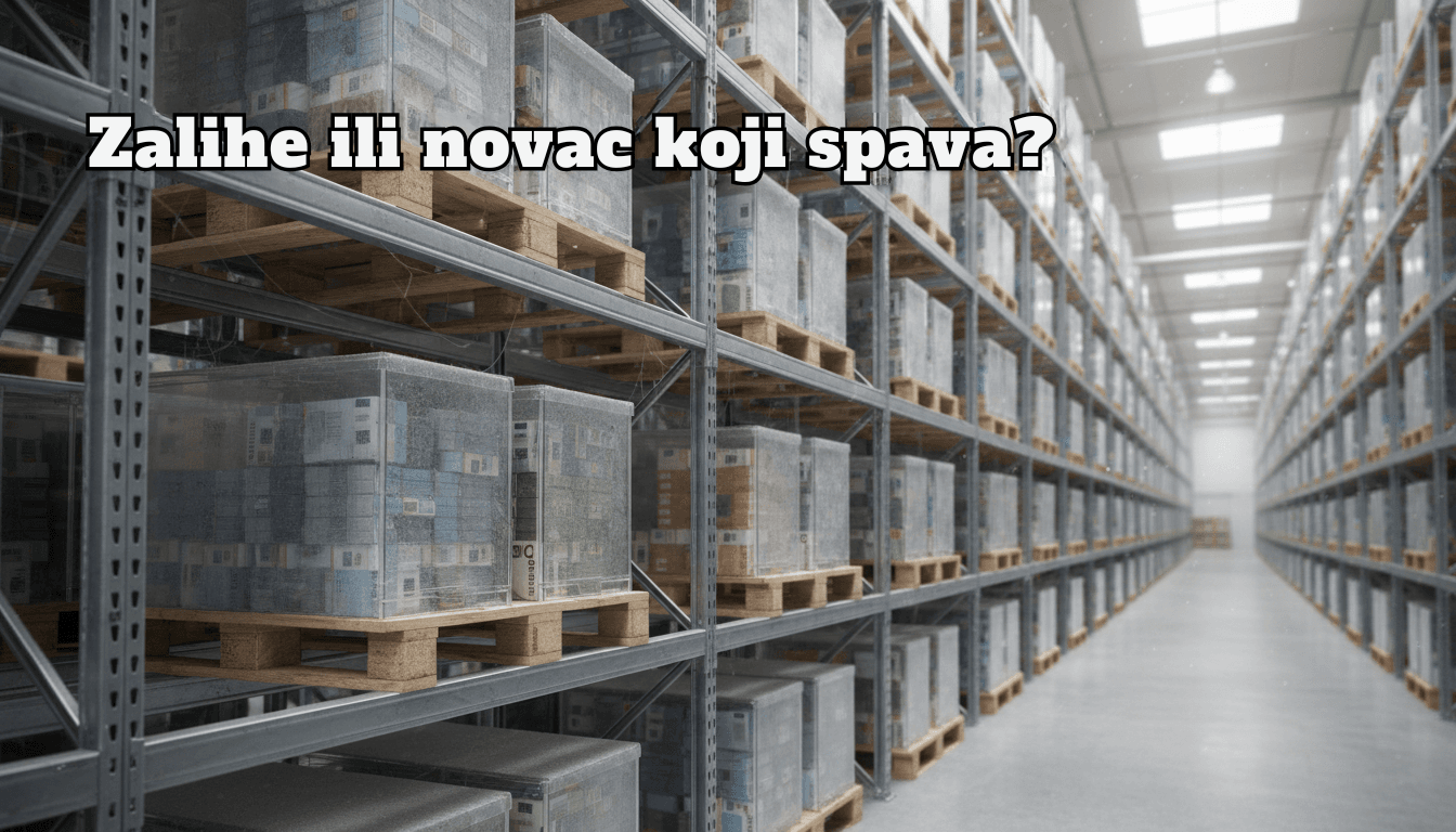 Skladište s policama punim novčanica upakovanim na paletama.