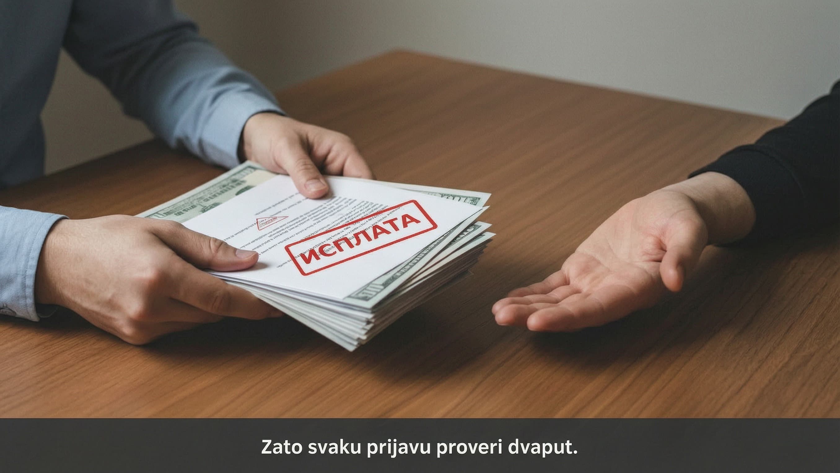Dve osobe razmenjuju dokument sa pečatom „Isplata" i novac.