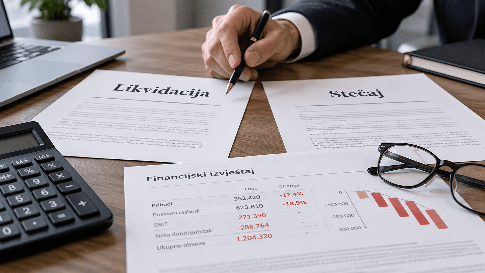Vlasnik firme sa saradnikom razmatra dokumenta „Likvidacija“ i „Stečaj“ uz finansijski izveštaj sa negativnim pokazateljima, kalkulator, naočare i olovku.