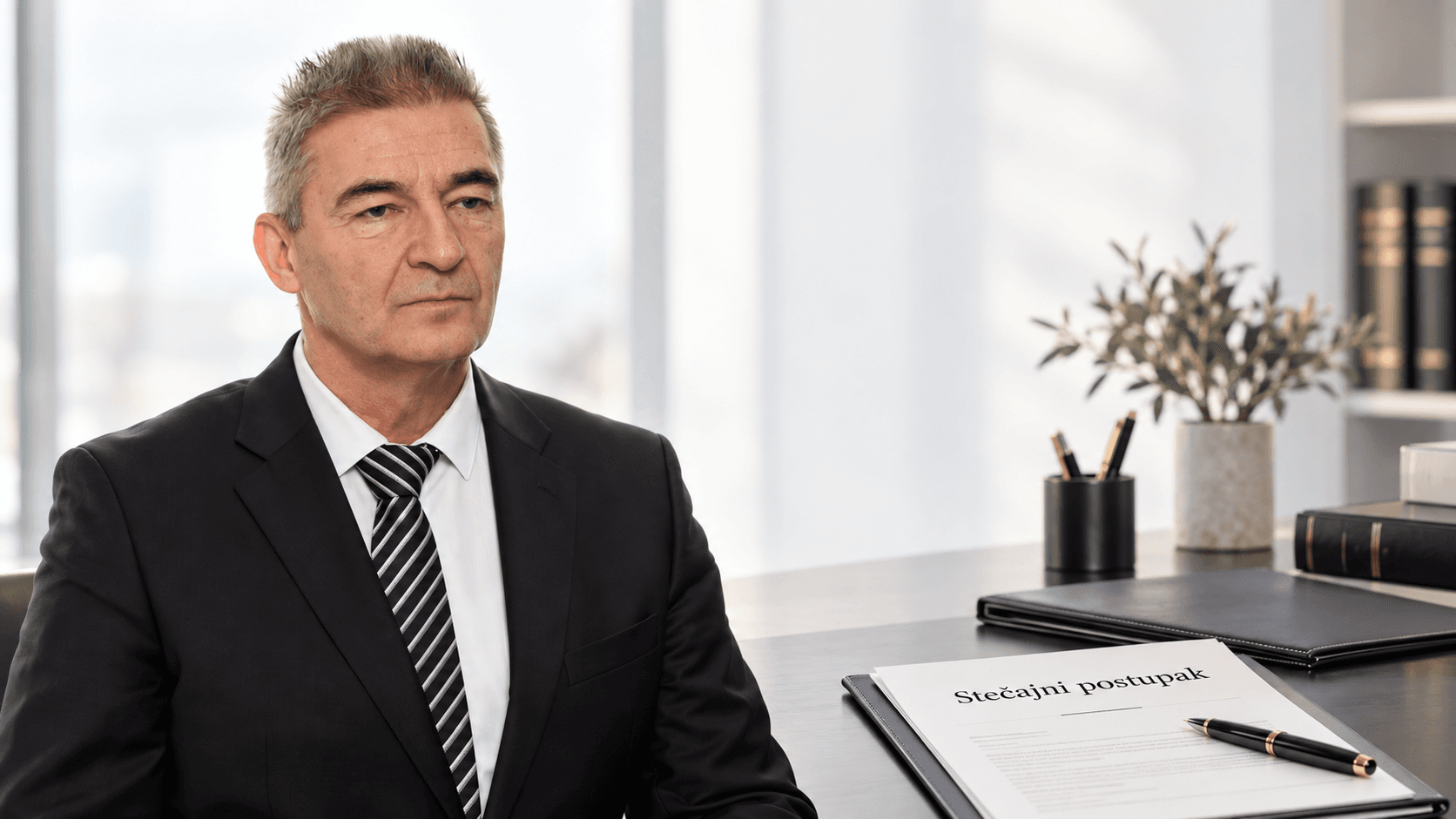 Predrag Stojković, stečajni upravnik, u poslovnom okruženju pored dokumentacije za stečajni postupak.