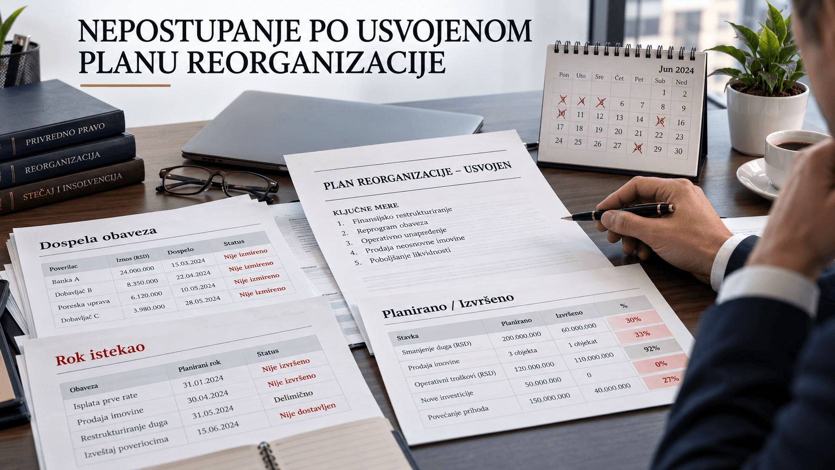 Osoba za stolom pregleda dokumente plana reorganizacije sa knjigama i kalendarom.