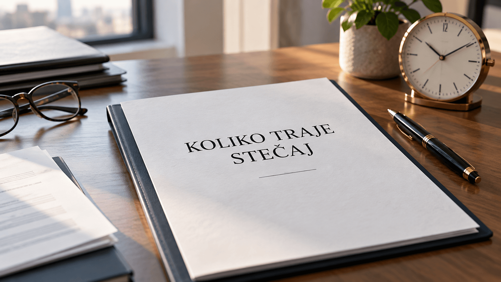Dokument „Koliko traje stečaj“ na stolu, pored naočara, olovke i sata.